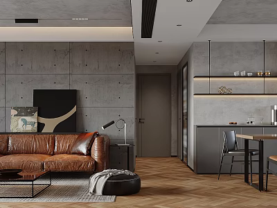Modern Open Concept Living Room Featuring Brown Leather Sofa Gray Concrete Walls and Wooden Flooring 3d model