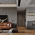 Modern Open Concept Living Room Featuring Brown Leather Sofa Gray Concrete Walls and Wooden Flooring