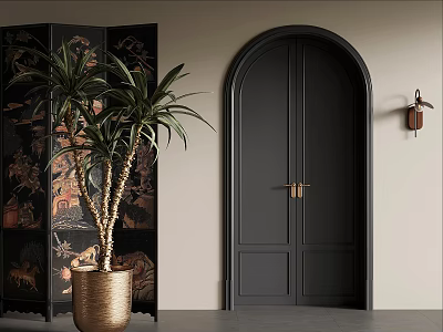French retro style double door screen partition green plant potted wall lamp 3d model