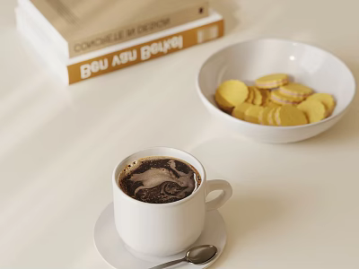 Warm Coffee and Golden Cookies on Light Table with Cooking Books 3d model