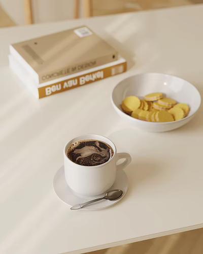 Warm Coffee and Golden Cookies on Light Table with Cooking Books 3d model