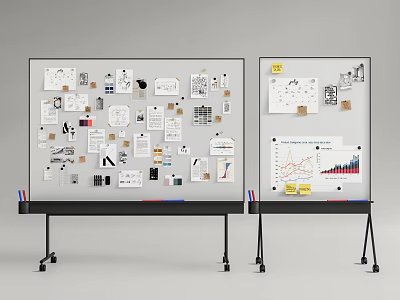 Creative Display of Musical Instruments and Art Supplies With Papers Charts On Whiteboards 3d model