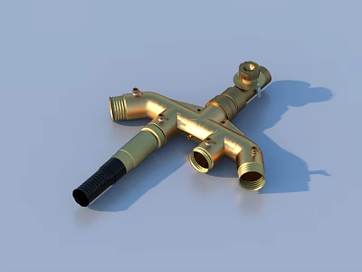 Detailed Golden Brass Pipe Fitting With Multiple Connectors And Black Hose 3d model