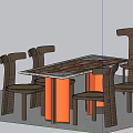 Wooden Dining Table With Patterned Top Orange Legs And Four Chairs Set 3d model