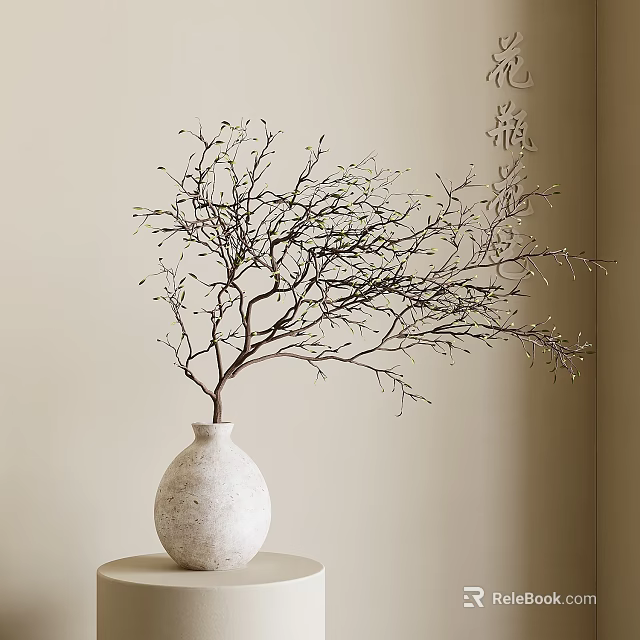 White Ceramic Vase with Twigs and Small Buds Against Light Colored Wall Background 3d model