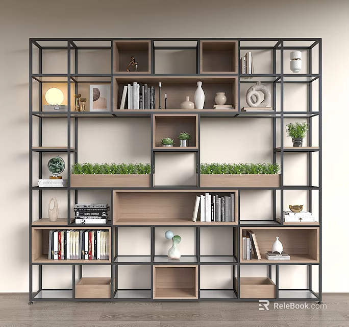 Modern Minimalist Shelving Unit With Multiple Compartments For Books Decorative Items And Green Plants 3d model 