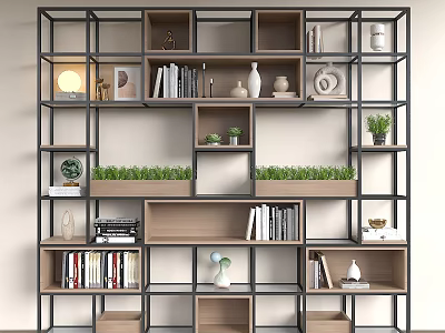 Modern Minimalist Shelving Unit With Multiple Compartments For Books Decorative Items And Green Plants 3d model