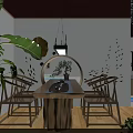Chinese Style Display Space With Blue And White Porcelain Calligraphy And Green Plants