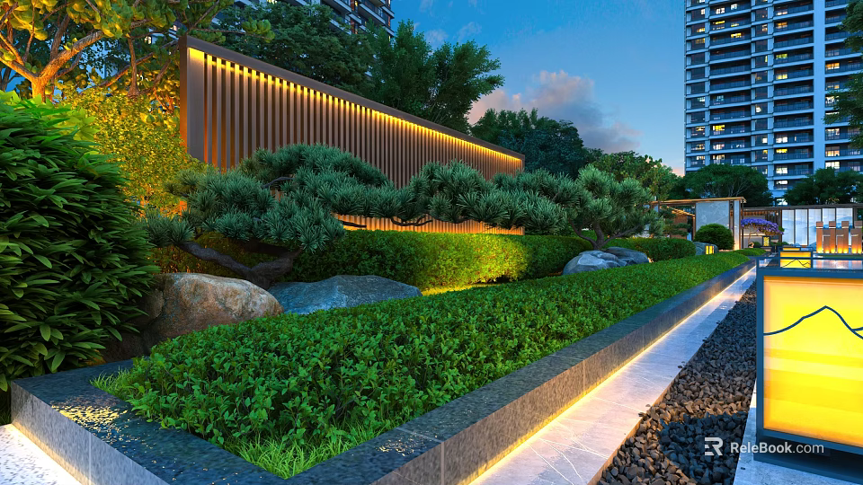 Residential Landscape With Illuminated Wooden Screen Lush Greenery Pine Trees Stones Against High-Rise Buildings 3d model 