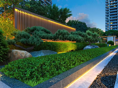 Residential Landscape With Illuminated Wooden Screen Lush Greenery Pine Trees Stones Against High-Rise Buildings 3d model