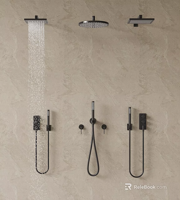 Black Shower System Installed On Beige Marble Wall With Flowing Water And Modern Design 3d model 