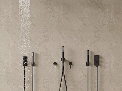Black Shower System Installed On Beige Marble Wall With Flowing Water And Modern Design 3d model