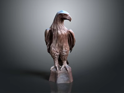 Artistic Wooden Eagle Sculpture Standing with Spread Wings on Wooden Base 3d model