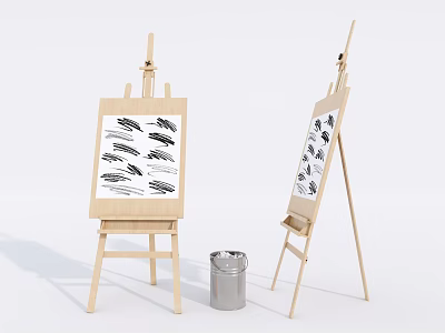 Wooden Easels With Canvas Boards And Black Brush Strokes Near Metal Bucket 3d model