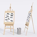 Wooden Easels With Canvas Boards And Black Brush Strokes Near Metal Bucket