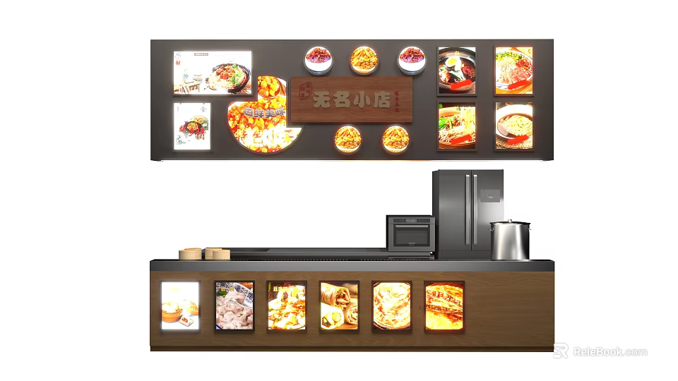 Restaurant Menu Billboard With Colorful Food Images And Modern Order Counter 3d model 