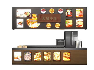Restaurant Menu Billboard With Colorful Food Images And Modern Order Counter 3d model