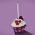 Delicious Cupcake With Whipped Cream Strawberries And White Candle In Purple Liner With Orange Dots