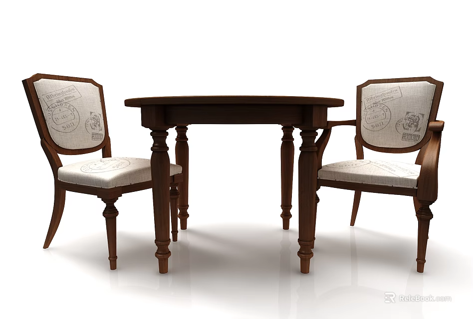 Classic Round Wooden Dining Table Set With Upholstered Fabric Chairs 3d model