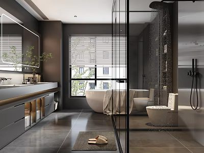 Modern Bathroom Interior Design With Large Mirror Vanity Glass Shower And Freestanding Bathtub 3d model