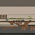 Natural Serene Tea Room Interior With Long Wooden Table Wooden Bench And Green Plants