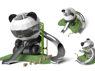 Outdoor Panda Shaped Playground Equipment With Slide And Green Structure 3d model
