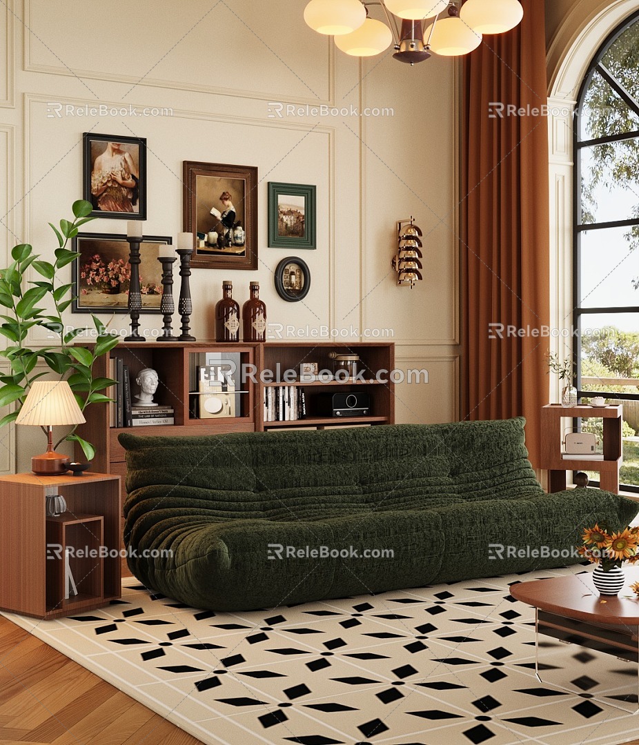 Middle Ancient Home Living Room Sofa Coffee Table Combination Bucket Side Table Corner Table Middle Ancient Hanging Painting 3d model