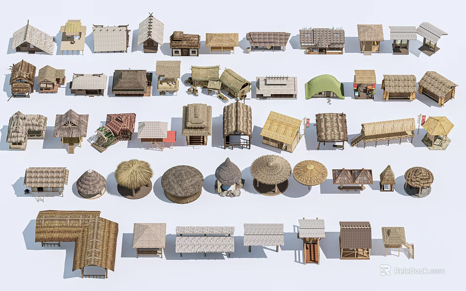 Diverse Collection of Wooden Houses With Different Roof Styles And Structures 3d model 