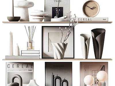 Modern Minimalist Decorative Ornament Set with Vase Clock Books Sculptures and Photo Frames on Shelves 3d model