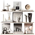 Modern Minimalist Decorative Ornament Set with Vase Clock Books Sculptures and Photo Frames on Shelves