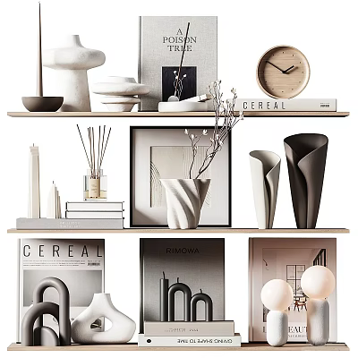 Modern Minimalist Decorative Ornament Set with Vase Clock Books Sculptures and Photo Frames on Shelves 3d model