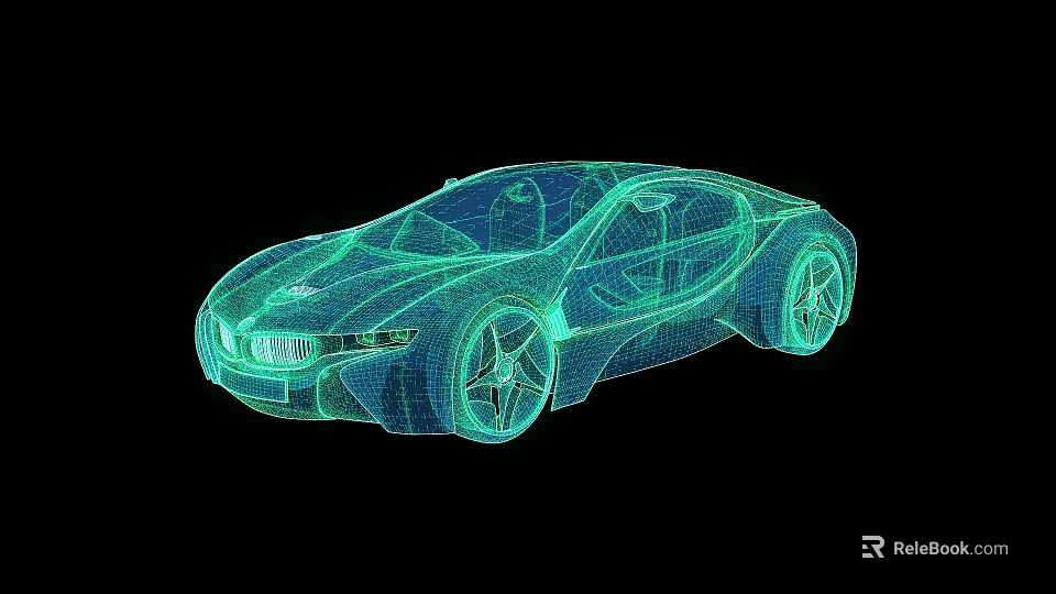 Futuristic Green Wireframe Sports Car 3D Model on Black Background 3d model 
