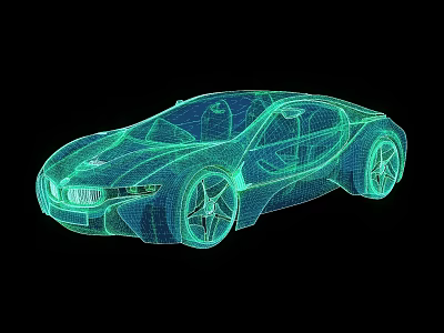 Futuristic Green Wireframe Sports Car 3D Model on Black Background 3d model