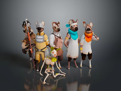 Group Of Anthropomorphic Animal Characters And Skeleton Creature In Colorful Costumes With Hats And Scarves 3d model