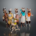 Group Of Anthropomorphic Animal Characters And Skeleton Creature In Colorful Costumes With Hats And Scarves