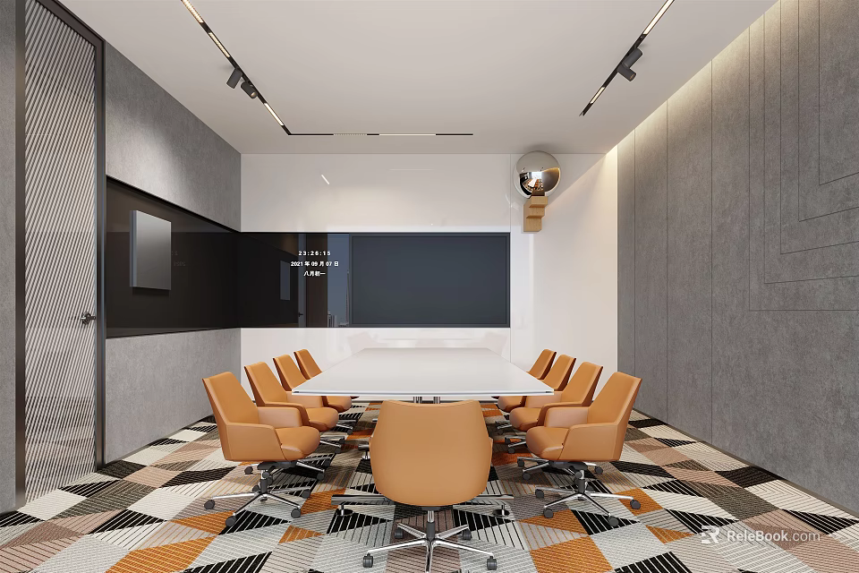 Modern Conference Room With White Table Orange Chairs Black Screen And Geometric Carpet 3d model 