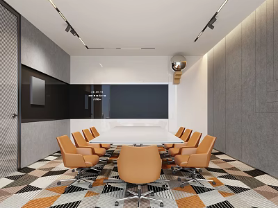 Modern Conference Room With White Table Orange Chairs Black Screen And Geometric Carpet 3d model