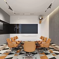 Modern Conference Room With White Table Orange Chairs Black Screen And Geometric Carpet