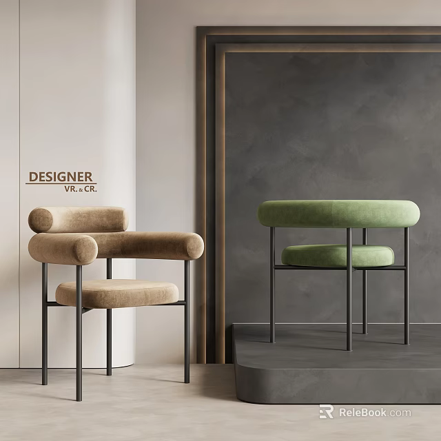 Modern Beige and Green Velvet Dining Chairs with Metal Frame Design 3d model 