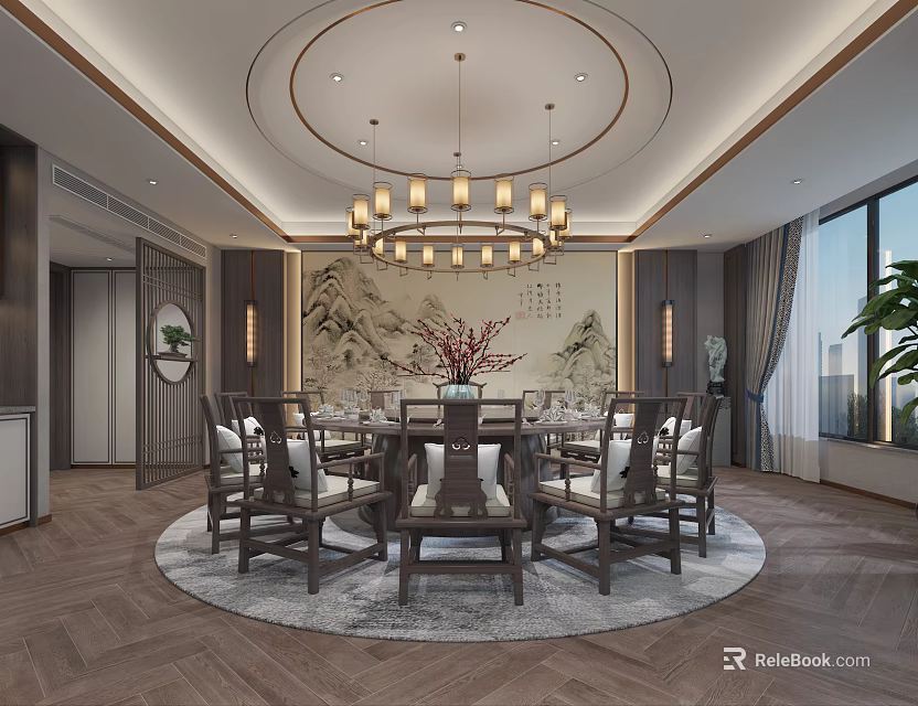 Traditional Chinese Private Dining Room With Round Table Wooden Chairs Chandelier And Landscape Painting 3d model 