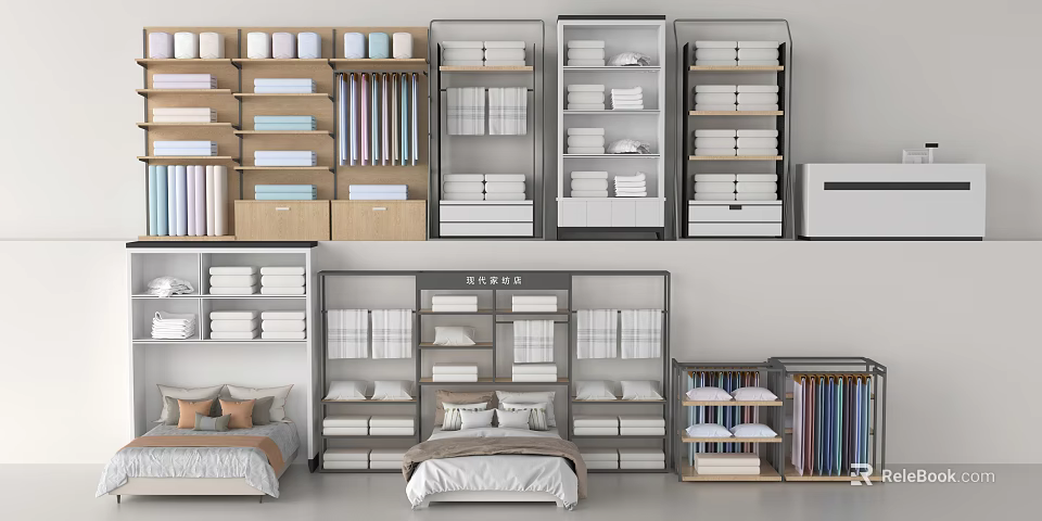 Display Shelves With Home Textile And Storage In Bedroom Setting 3d model 