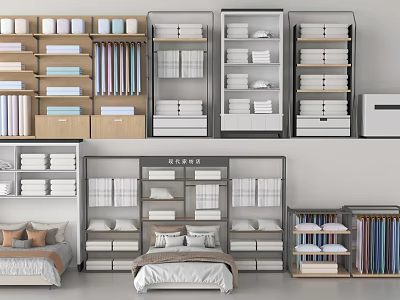 Display Shelves With Home Textile And Storage In Bedroom Setting 3d model