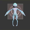 Blue Glowing Humanoid Game and Movie Character with Extended Arms Circular Symbols on Grid Platform