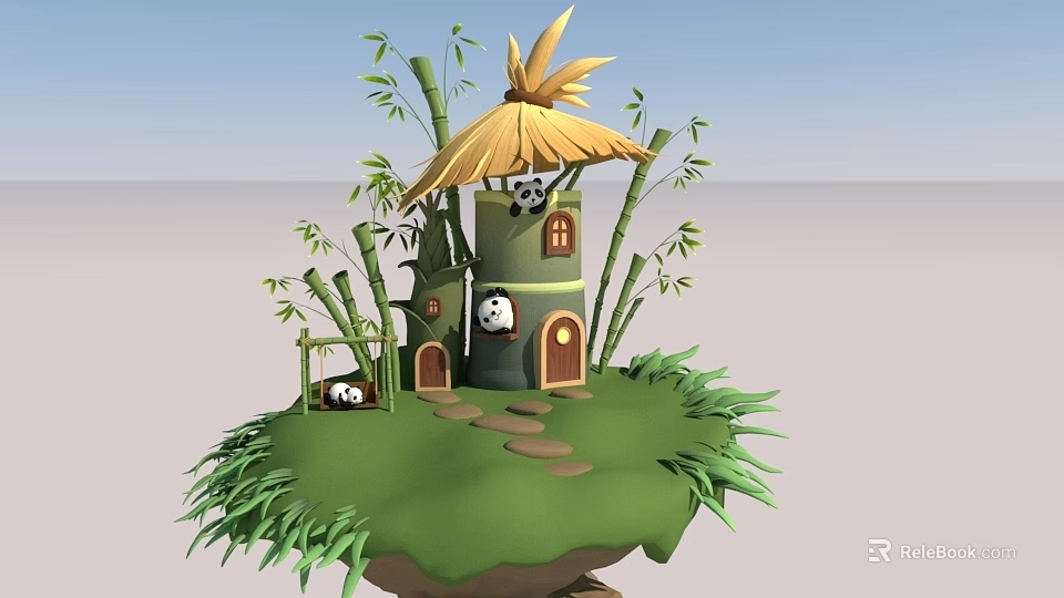 Cute Panda Bamboo House Scene With Straw Roof Grass And Path 3d model 