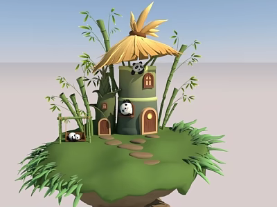 Cute Panda Bamboo House Scene With Straw Roof Grass And Path 3d model