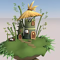 Cute Panda Bamboo House Scene With Straw Roof Grass And Path