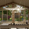 Modern Garden Wall Design In Outdoor Dining Area With Greenery And Purple Trees
