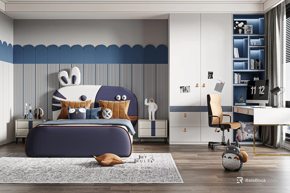 Kids Room Interior Design With Rabbit Headboard Blue White Bed Desk Chair And Rug 3d model 