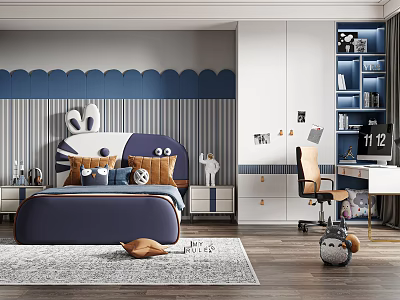Kids Room Interior Design With Rabbit Headboard Blue White Bed Desk Chair And Rug 3d model