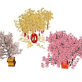 Decorative Trees Featuring Golden Pink Blossoms Red Lanterns and Colored Pots